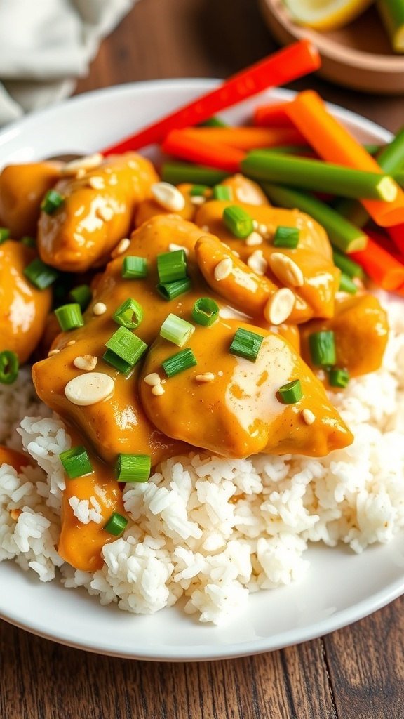 Peanut Butter Chicken served over rice with green onions and peanuts, alongside steamed vegetables on a rustic table.